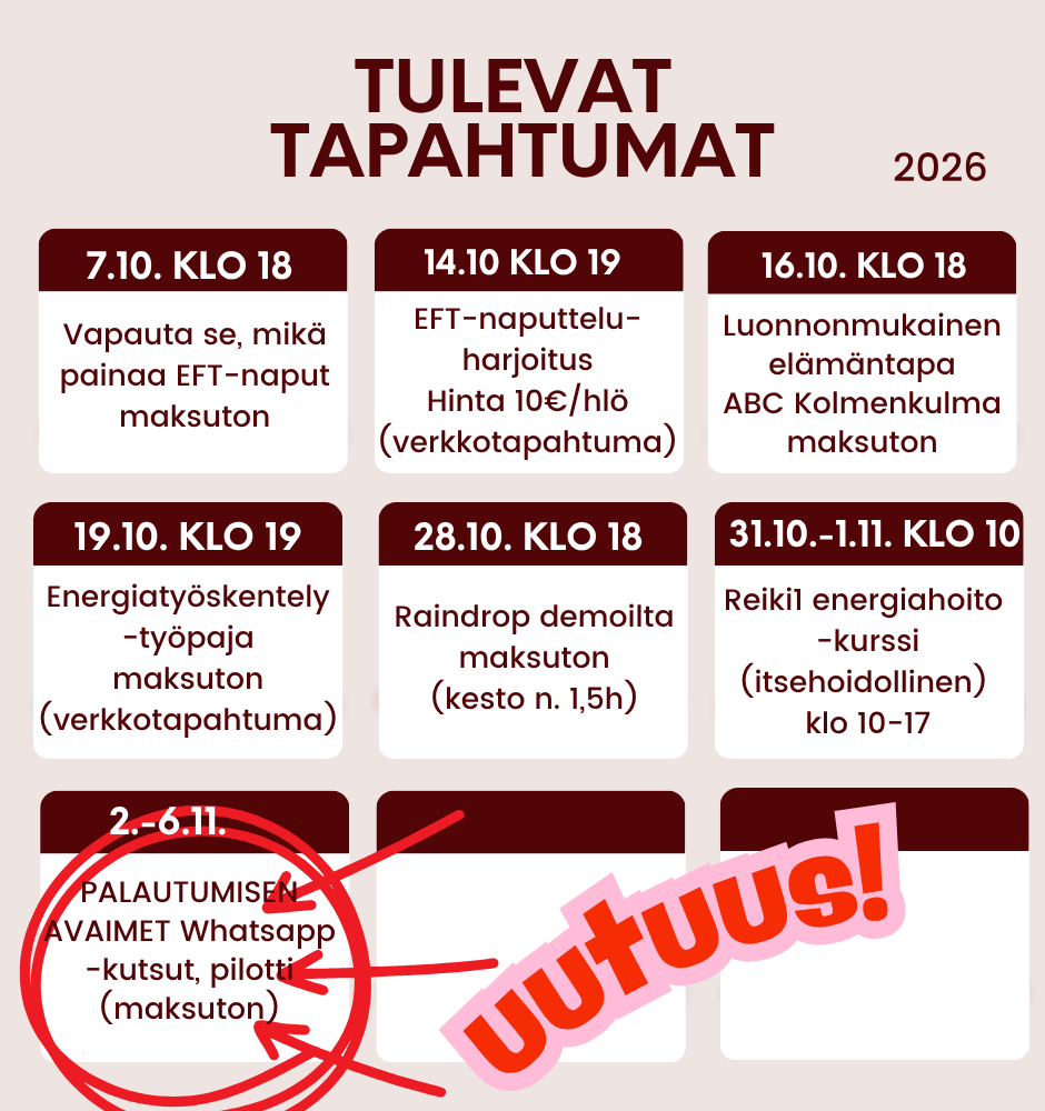 Mielen Soinnut tulevat tapahtumat: EFT-naputtelu, energiatyöskentely, Raindrop-ilta, Reiki-kurssi ja Palautumisen avaimet
